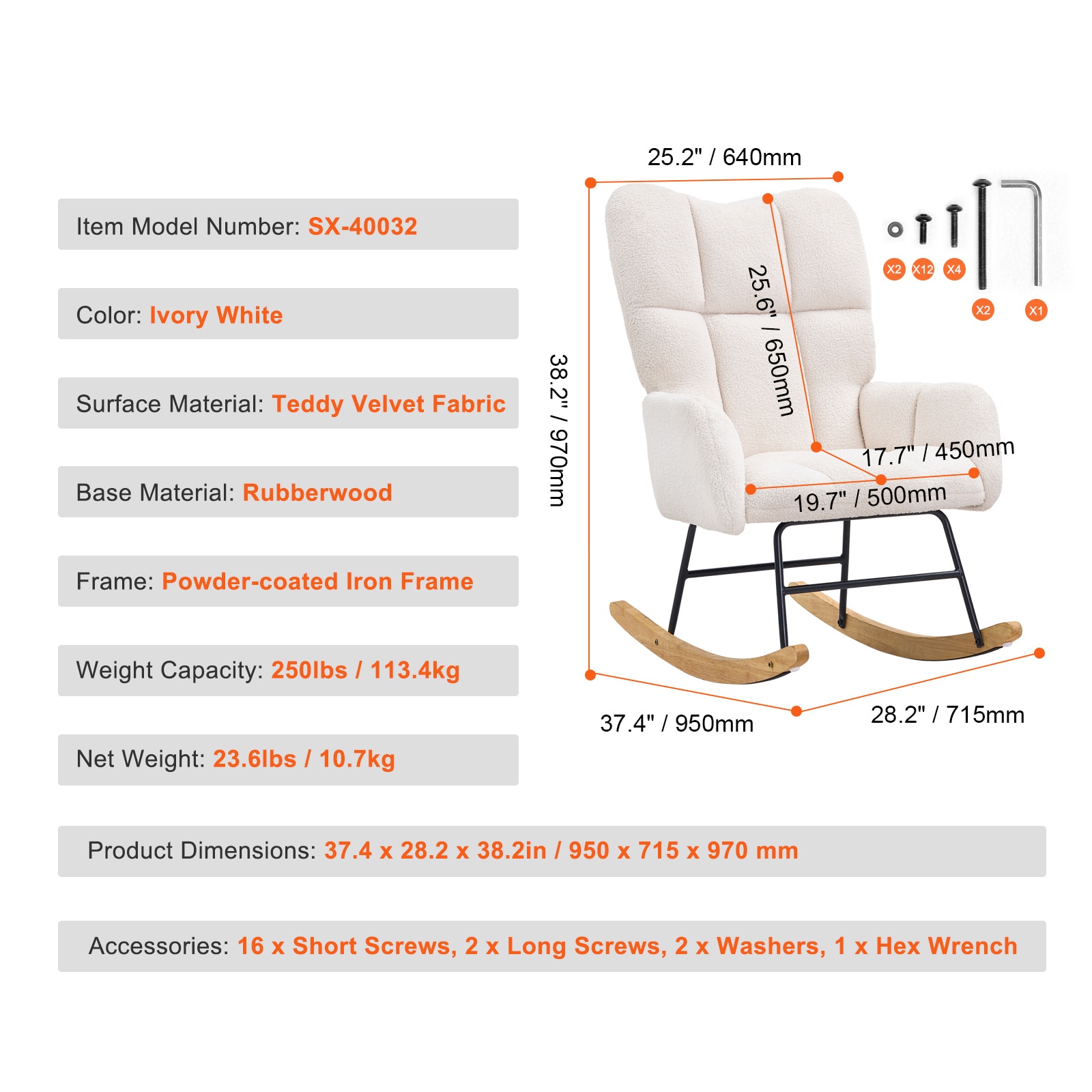 Rocking Chair Nursery, Glider Rocking Chair With Soft Seat And High Backrest, 250 Lbs Weight Capacity Teddy Fabric, Upholstered Glider Rocker Chair For Nursery, Bedroom, Living Room, Ivory White_maomaolike.com